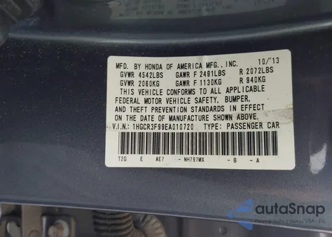 2014 Honda Accord Touring из США, поврежденный, VIN 1HGCR3F99EA010720